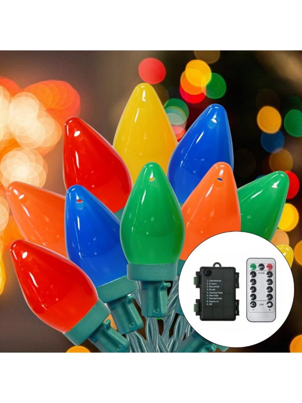 100LED Battery Operated C7 Christmas Lights, 8 Modes, 2 Sets for Outdoor Decor